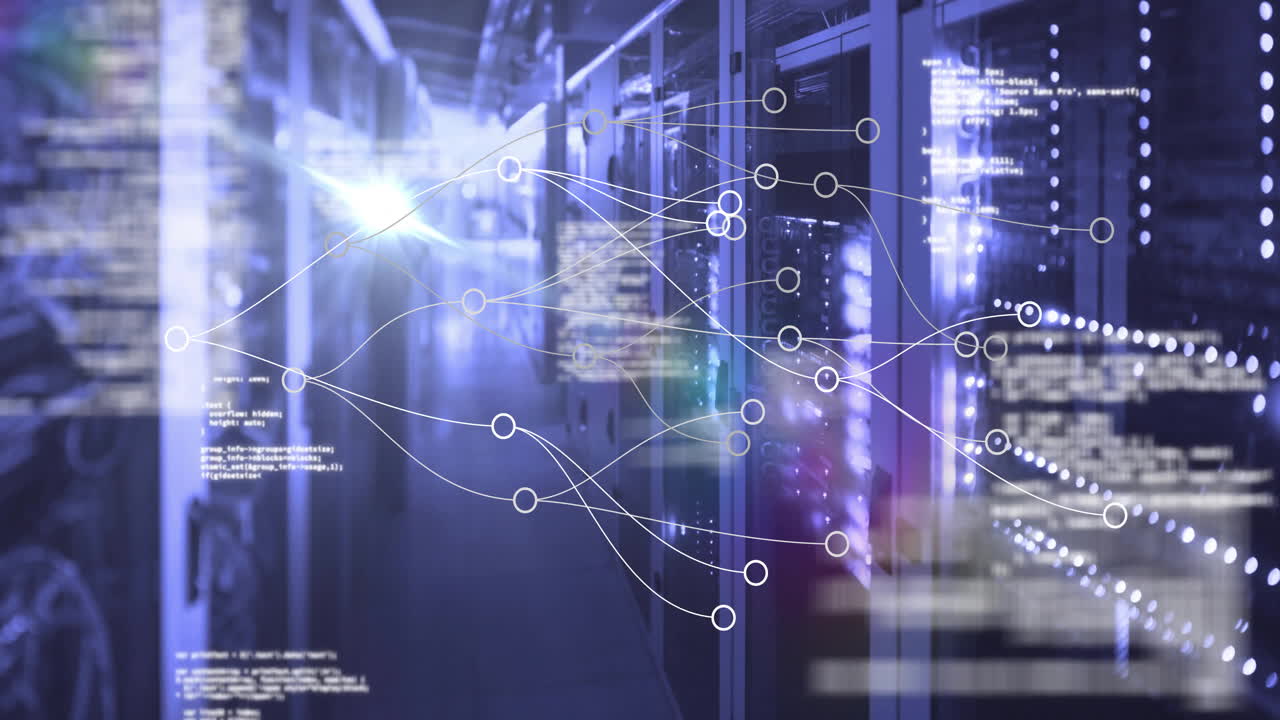 Network of connections and data processing animation over server room background