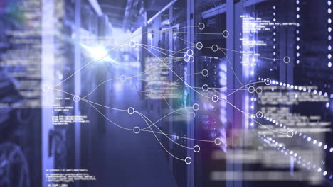 network of connections and data processing animation over server room background