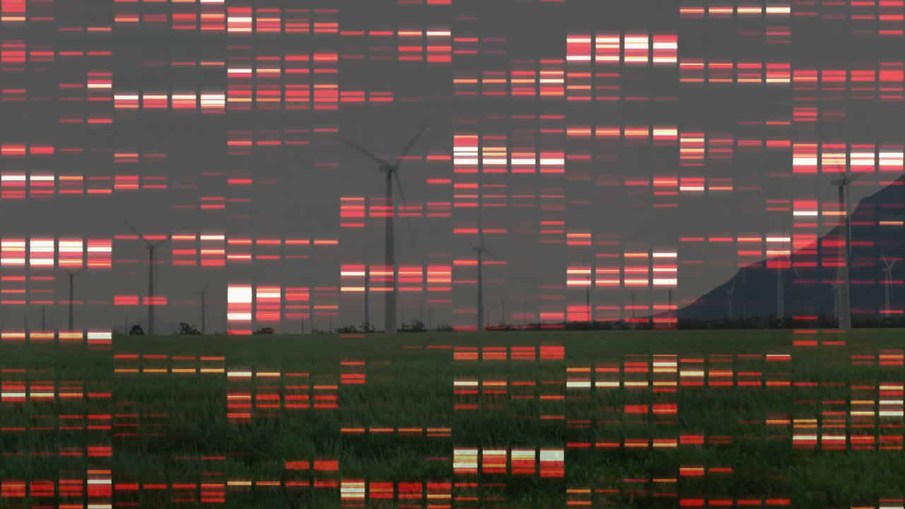 Wind turbines being visualized over grassy farmland under glitched sky, with digital glitch bars