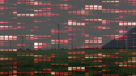 wind turbines being visualized over grassy farmland under glitched sky, with digital glitch bars