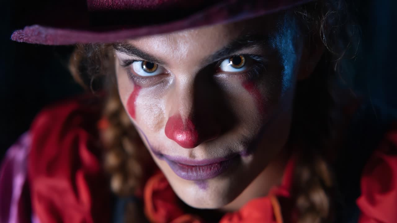 A captivating portrait of a clown with intense gaze and expressive makeup, showcasing vibrant colors and mysterious aura, evoking both charm and intrigue
