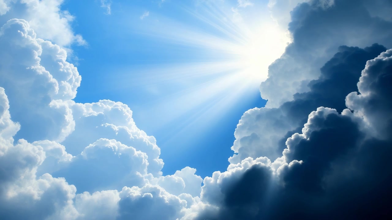 La luce del sole attraversa le nuvole nel cielo blu