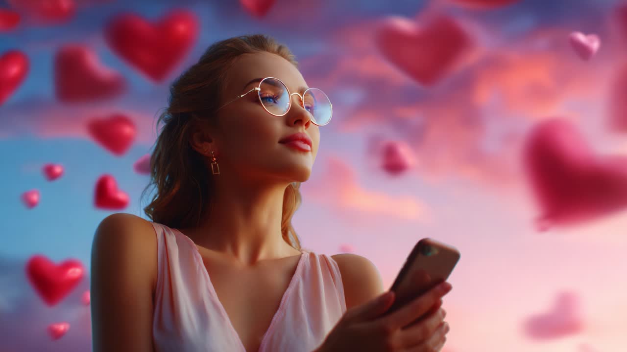A woman with glasses gazes thoughtfully at her phone amidst a dreamy backdrop filled with floating hearts, conveying a sense of romance, hope, and digital connection in a vibrant sky