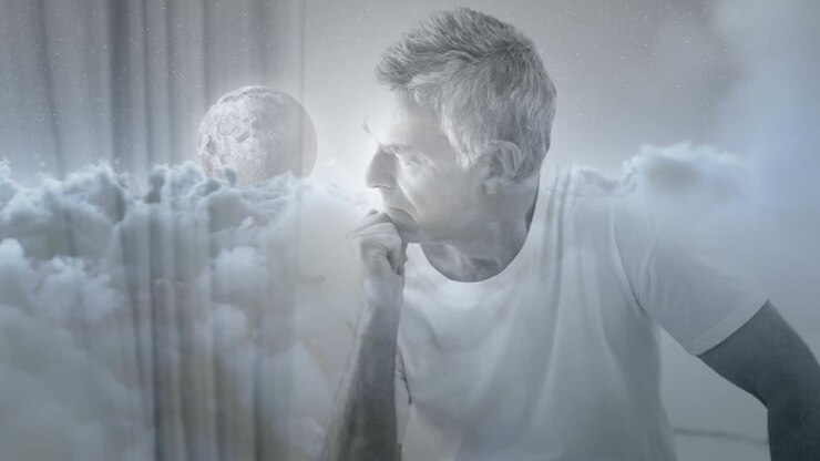 Animazione digitale di un uomo preoccupato che guarda attraverso la finestra 4K