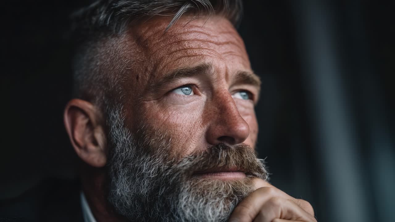 Reflective Man with Silver Hair and Beard, Deep in Thought, Contemplating Life's Choices Against a Dark Background