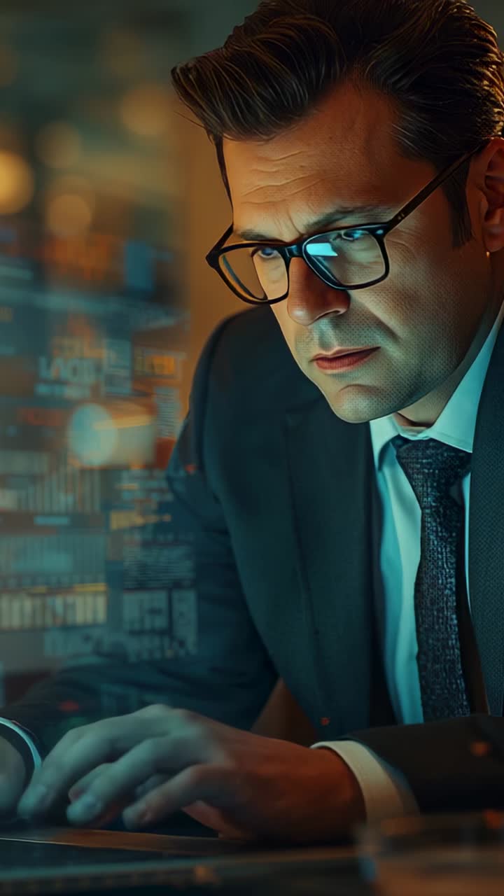 Vertical video: Typing analyst on laptop reacting to data panels appearing in office, scanning data