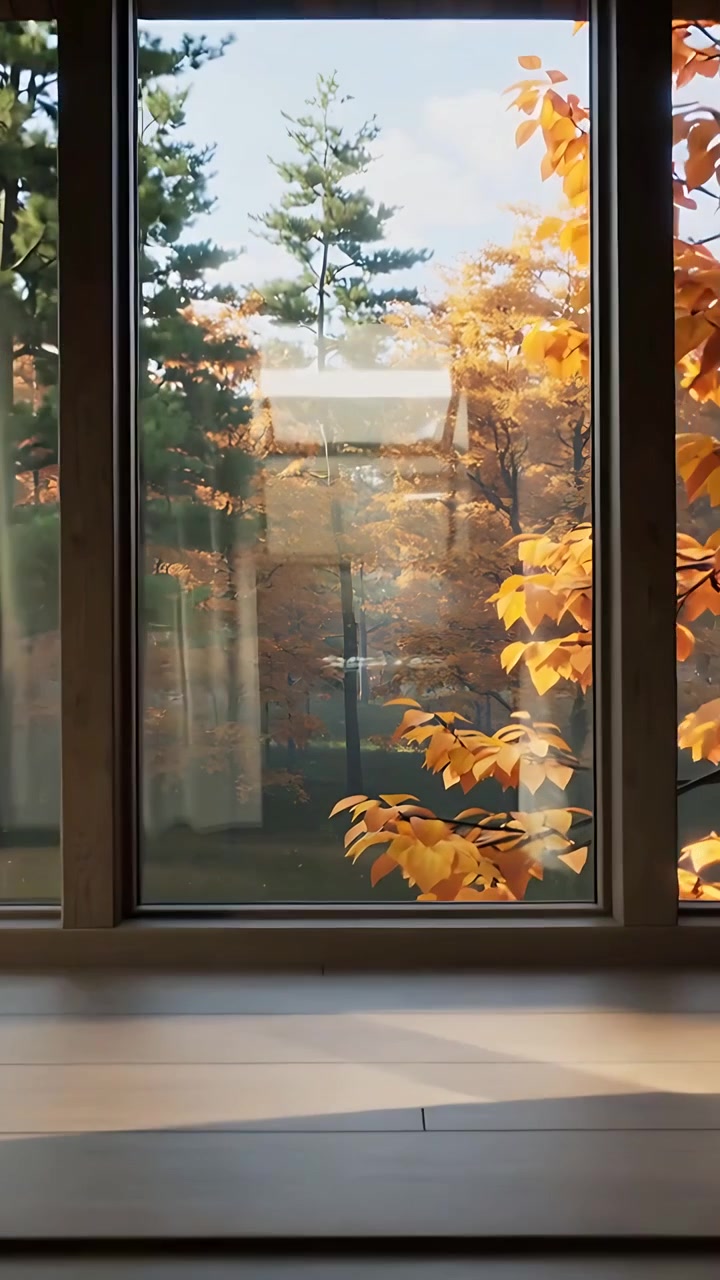 Vertical video: Panning camera starting forward revealing window in bedroom for autumn view