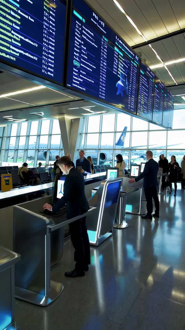 People using self-service check-in kiosks at a modern airport terminal with flight information displays and an airplane outside