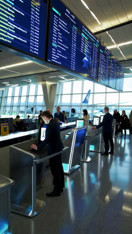 people using self-service check-in kiosks at a modern airport terminal with flight information displays and an airplane outside