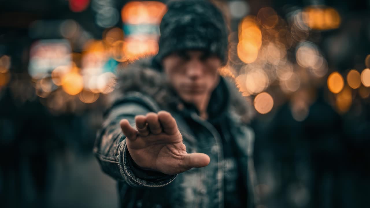 A close-up of a person in a bustling urban environment, raising a hand as if to signal stop, with a blurred colorful background creating a dynamic atmosphere
