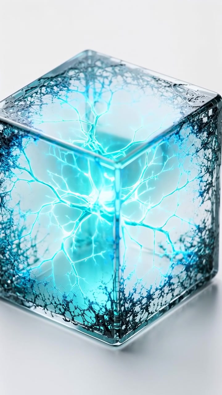 Objeto cubo transparente emite brilho azul intenso enquanto padrões de luz ramificados se movem pela sua superfície, mostrado de vista frontal em fundo branco com reflexos nítidos e composição minimalista