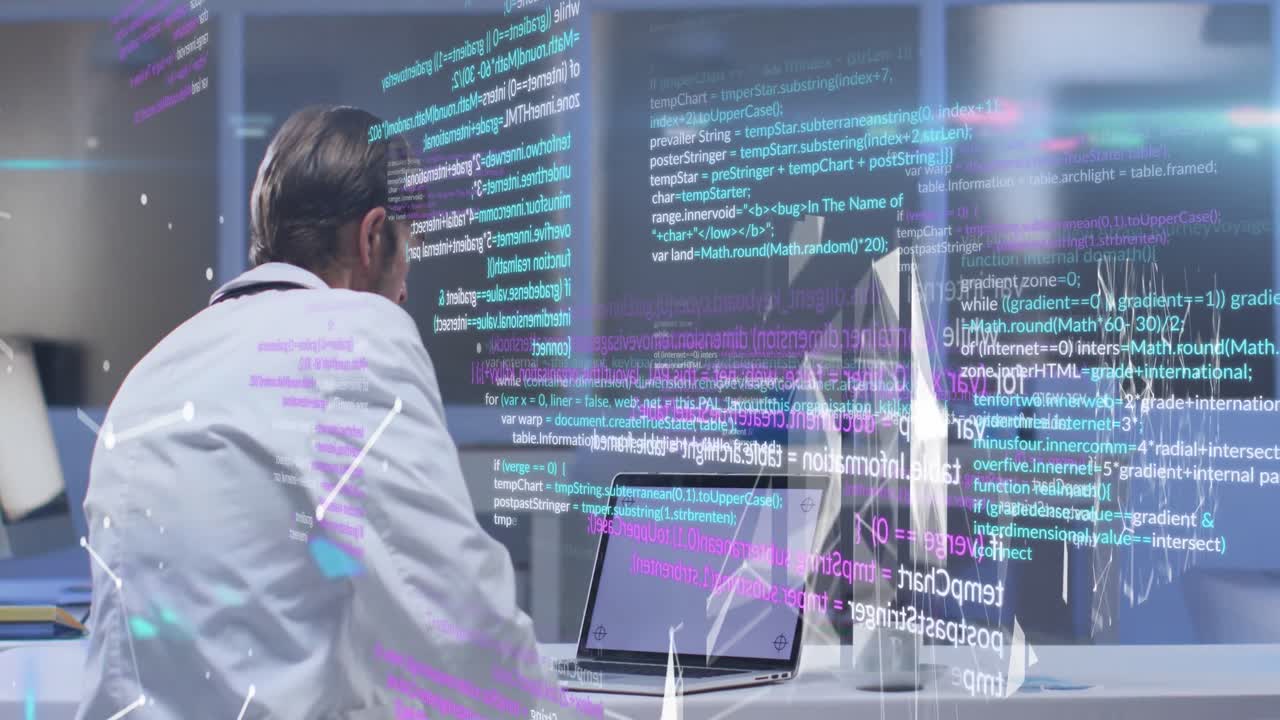 animación del procesamiento de datos sobre el hombre utilizando una computadora portátil