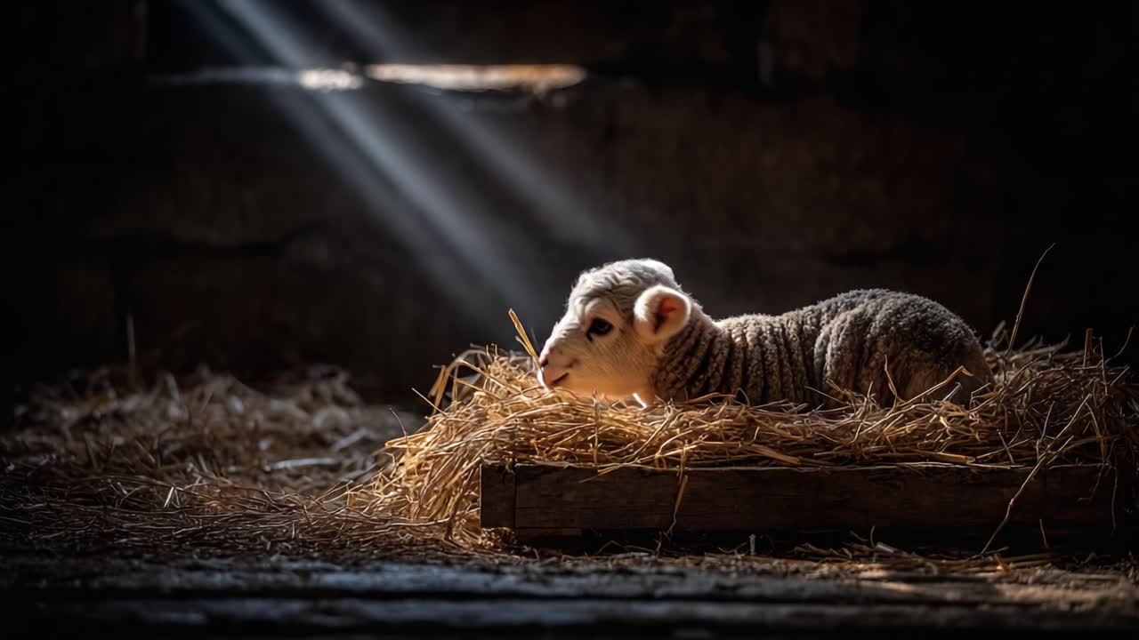 Calm and Serene: A Cozy Baby Lamb Nestled in Straw Under Soft Sunlight Rays, Capturing the Tranquility of Farm Life in a Rustic Environment
