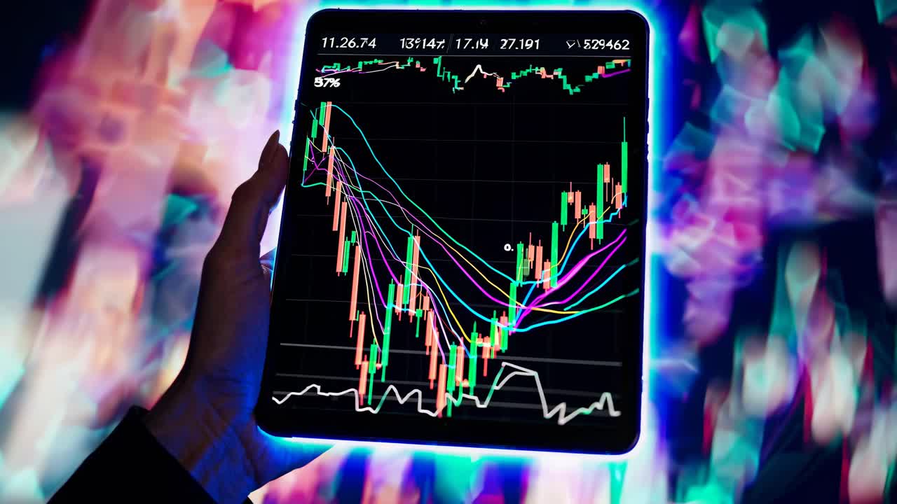 Close-up de uma mão segurando um tablet exibindo gráficos de ações, com luzes coloridas e desfocadas