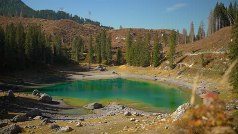 Footage-of-lake-Lago-di-Carezza-in-Italian-Dolomites-In-European-Alps