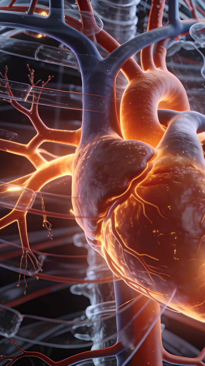 Video verticale: Cuore pulsante e luminoso che batte dopo uno zoom della telecamera sul petto, mostrando il flusso coronarico.