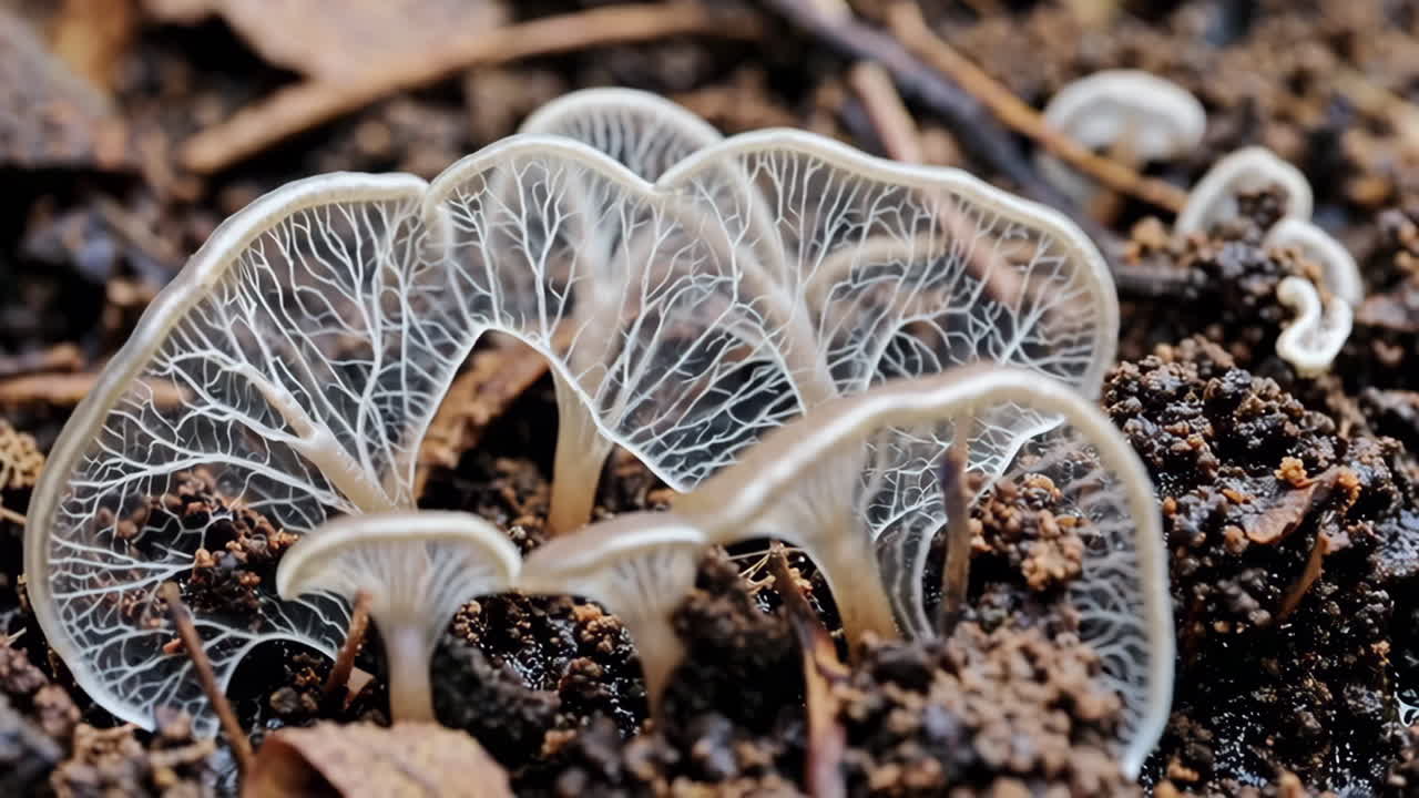 Delicate Translucent Mushrooms on the Forest Floor