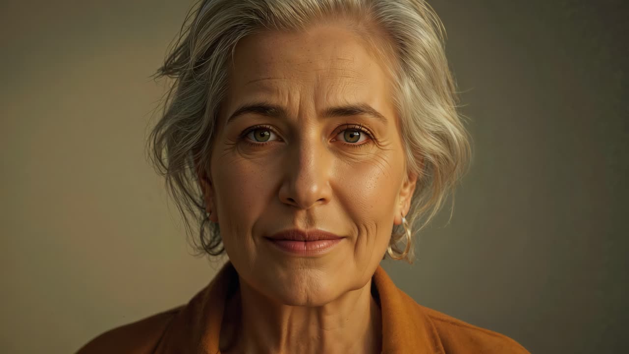 Portrait of a mature woman with gray hair and raised hand