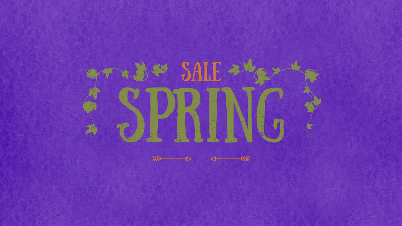 Spring Big Sale with green leafs on purple gradient