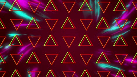 animation of moving triangles over pink and blue spinning lights on black
