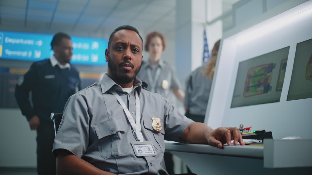 oficial de seguridad del aeropuerto en el trabajo