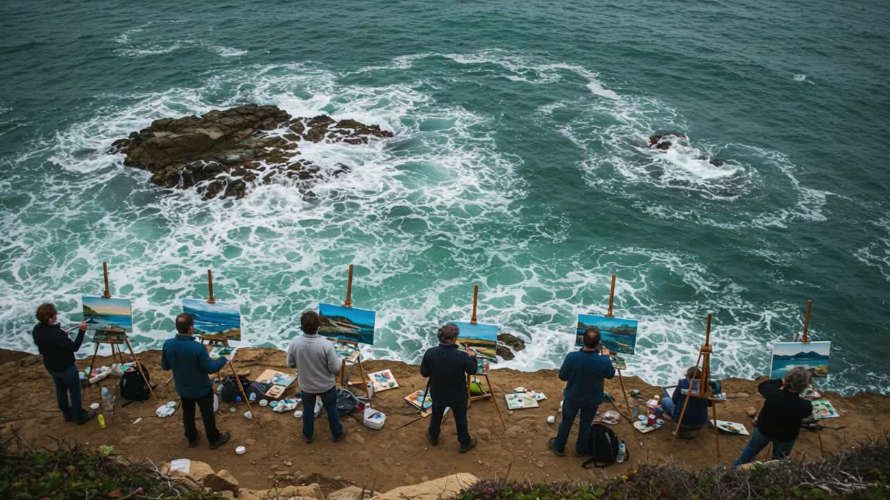 Artists Capturing the Waves: A Scenic Coastal Painting Session with Seven Talented Painters on the Cliffside, Embracing Nature's Beauty Through Their Canvas Creations
