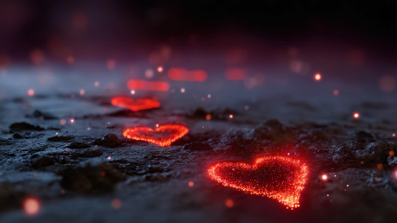 Un viaggio toccante: cuori rossi incandescenti illuminano un terreno mistico, simboleggiando l'amore e la connessione in un'atmosfera accattivante e incantevole