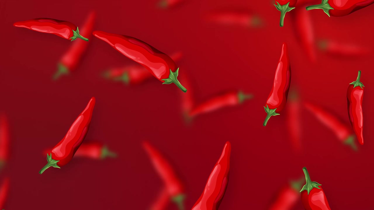 Stylized red chili peppers fall and rotate against a matching red mesh gradient background.
