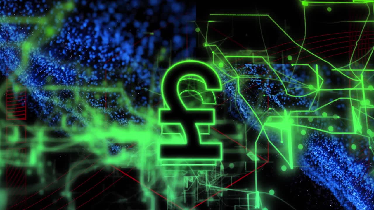 animación del signo de libra sobre el procesamiento de datos en un fondo oscuro