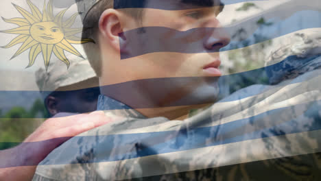 Animation-of-flag-of-uruguay-waving-over-diverse-soldiers