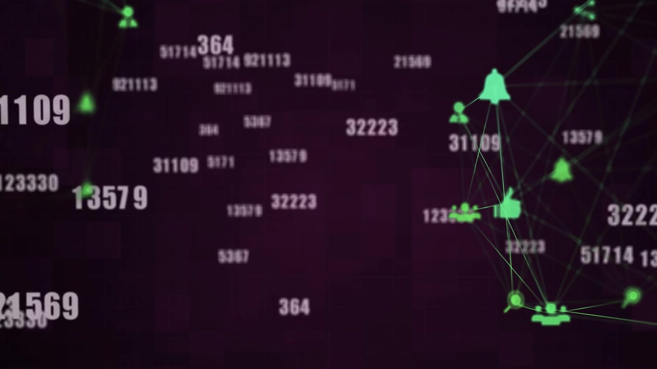 Animating green network forming vertical chain on purple grid with bell, icons, numbers, copy space
