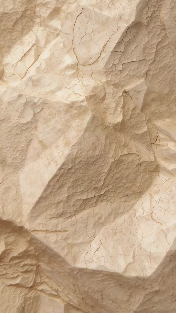 Vertical video: Shifting camera revealing crumpled beige paper in macro to examine surface texture
