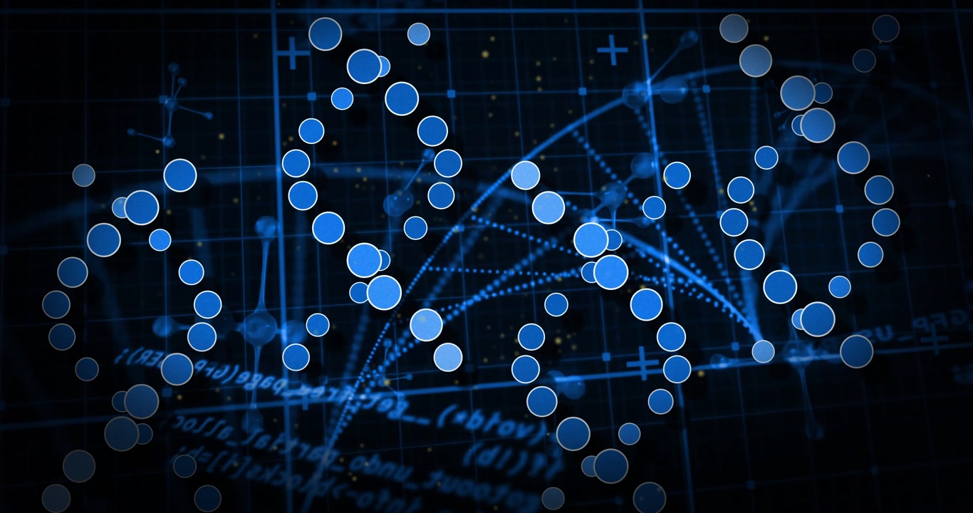 Initial pulse starting blue nodes shifting and pulsing into helix and rings, visualizing data