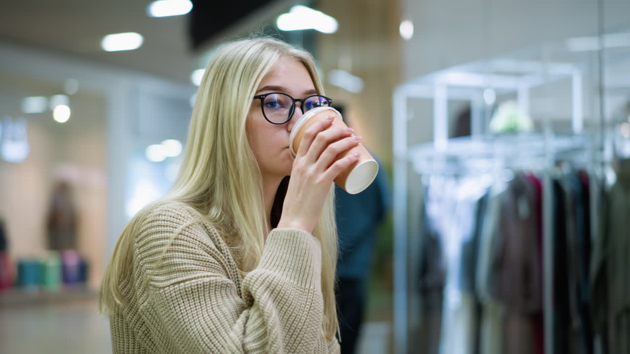 joven con gafas bebiendo té mientras está sentada en el centro comercial, pensativa mirando hacia adelante, el fondo muestra una tienda de ropa y compradores caminando por