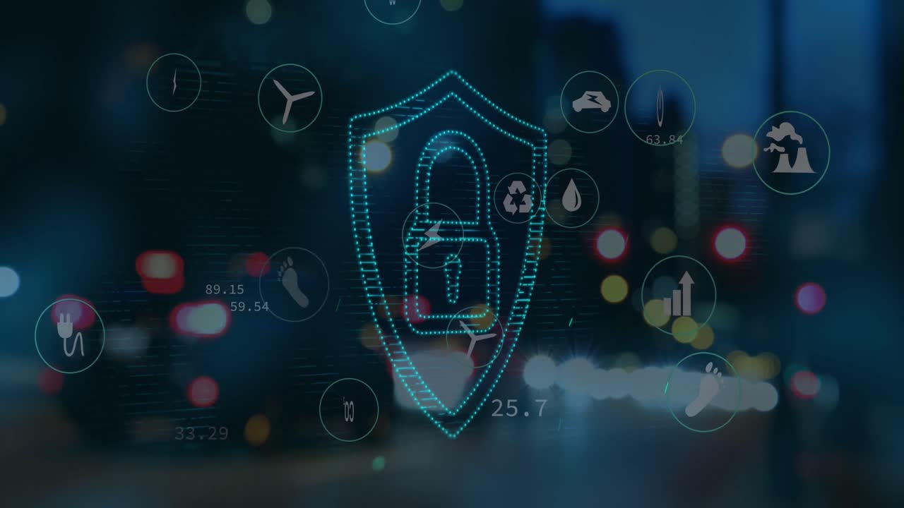 animación de iconos digitales y icono de candado de seguridad contra la vista borrosa del tráfico nocturno de la ciudad