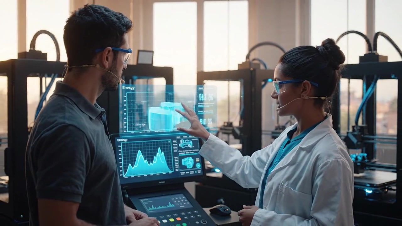Scientists Collaborating and Analyzing Data on Holographic Display