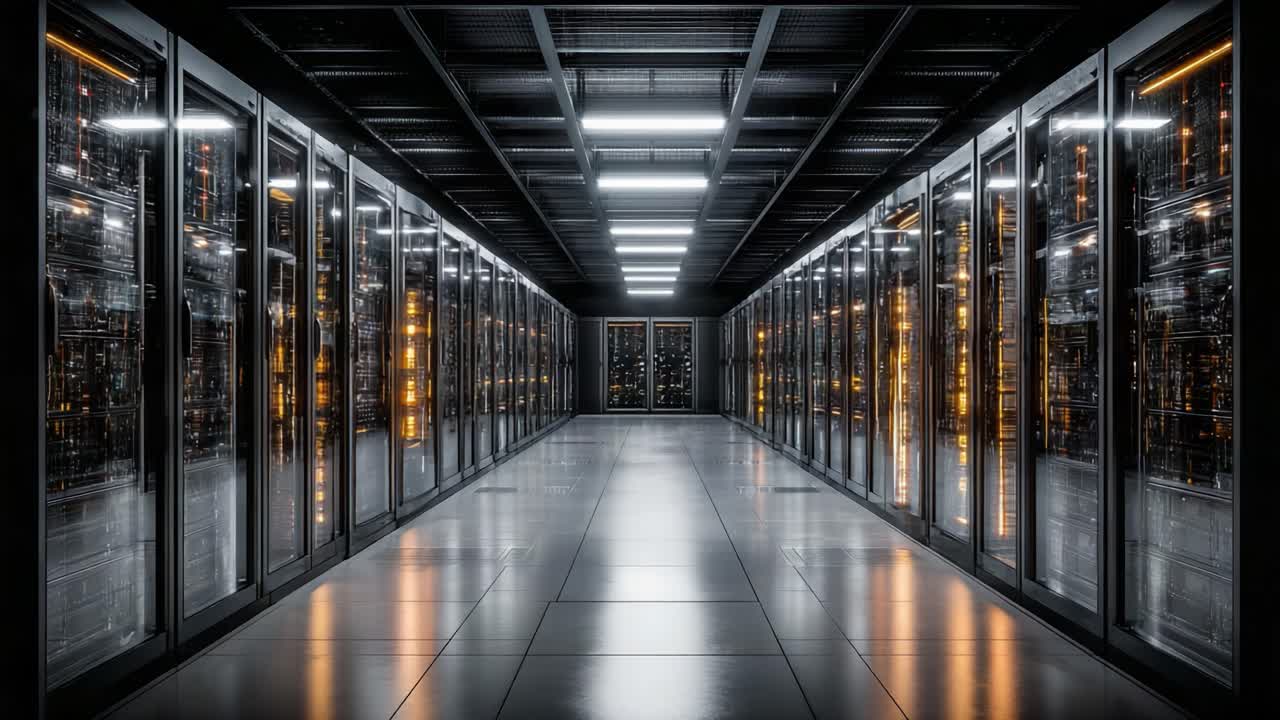Exploring the Cutting-Edge Technology of a Modern Data Center, Showcasing Rows of Advanced Servers Illuminated in a Futuristic Environment