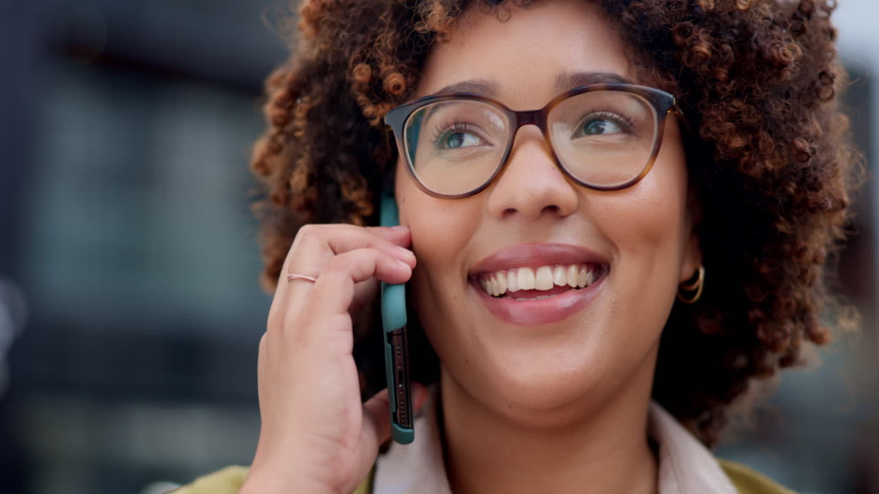 Phone call, smile and business woman in city