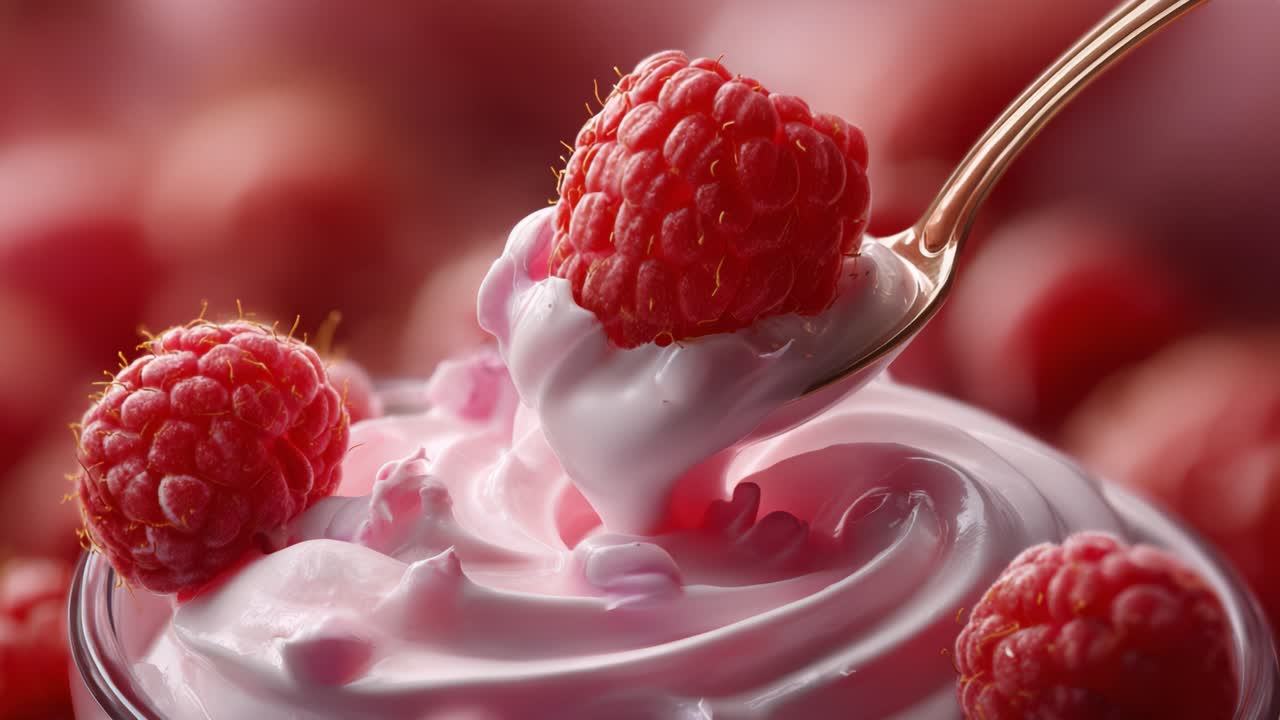 Creamy Pink Raspberry Yogurt with Fresh Whole Raspberries and a Spoon Garnished for a Delicious Dessert Experience, Perfectly Textured and Visually Appealing