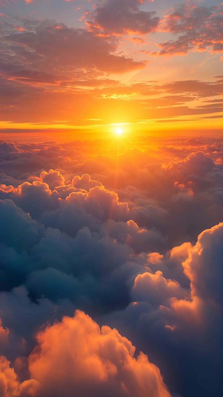 La calda luce solare mattutina sorge su un vasto strato di nuvole, riempiendo il cielo con tonalità arancioni e dorate, una leggera foschia e una tranquilla vista aerea dell'orizzonte.