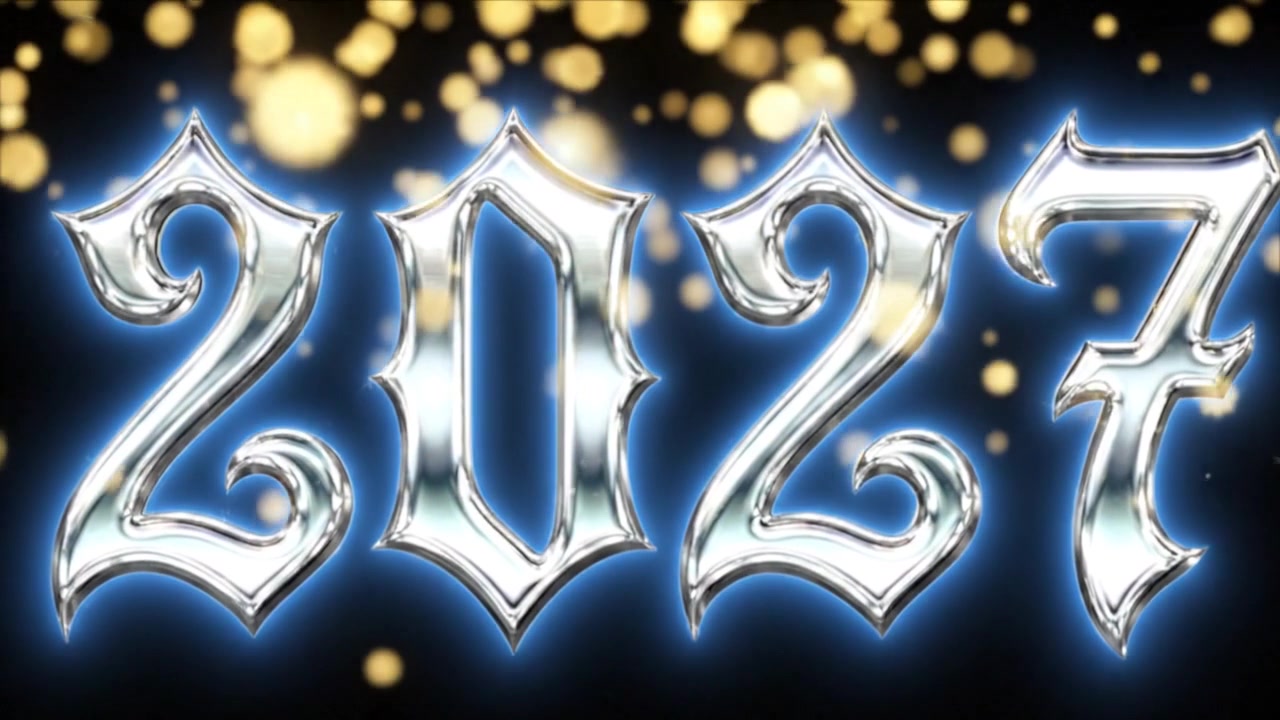 Animazione del numero di Capodanno 2027 color argento con tipografia gotica su sfondo scuro
