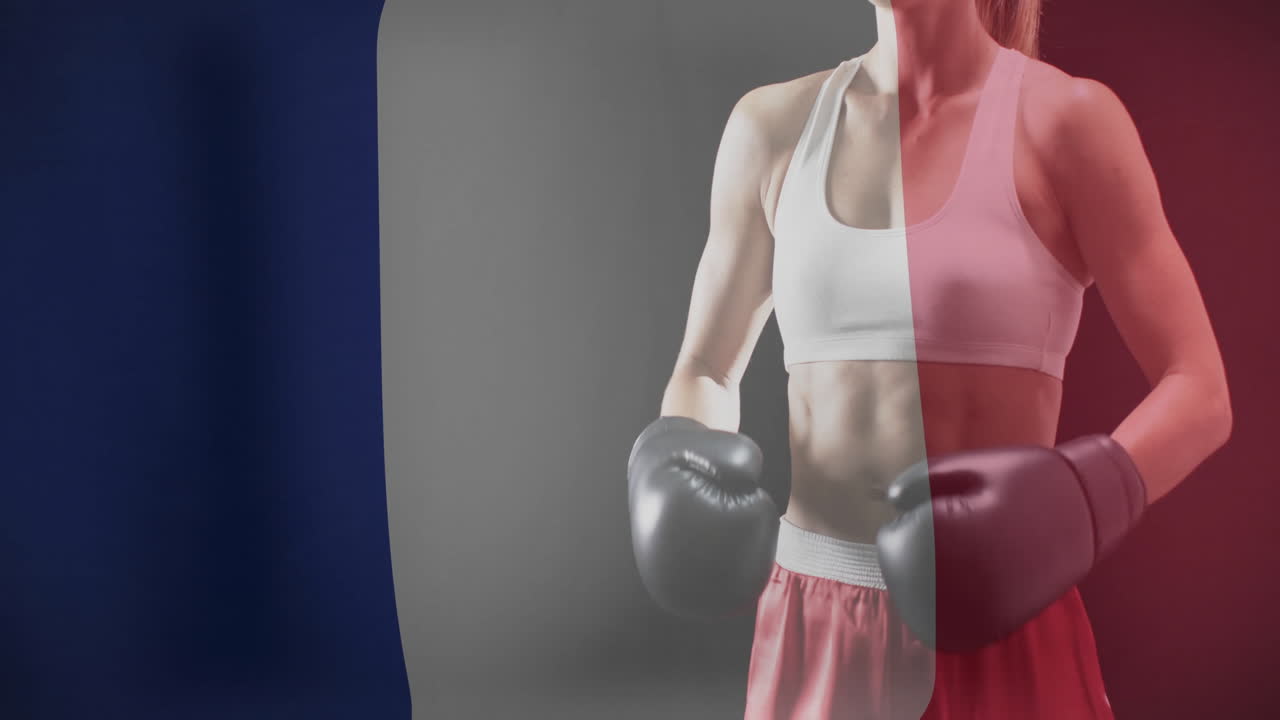 animación de la bandera de francia sobre la boxeadora caucásica