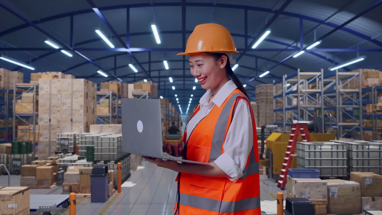 Vista laterale di un'ingegnera asiatica con elmetto di sicurezza che lavora su un laptop mentre è in piedi in un ampio magazzino con scaffalature.