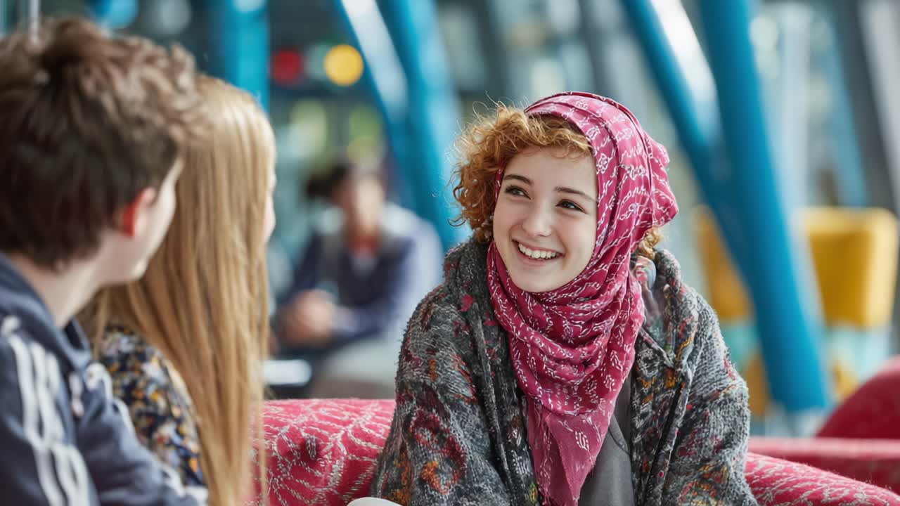 Engaging Conversation Among Friends: A Young Woman in a Headscarf Shares Insights in a Modern Relaxed Setting with Companions