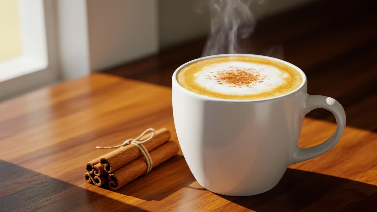 A steaming cup of aromatic coffee with a sprinkle of spice, resting on a wooden table, offering a warm ambiance perfect for a cozy moment of relaxation