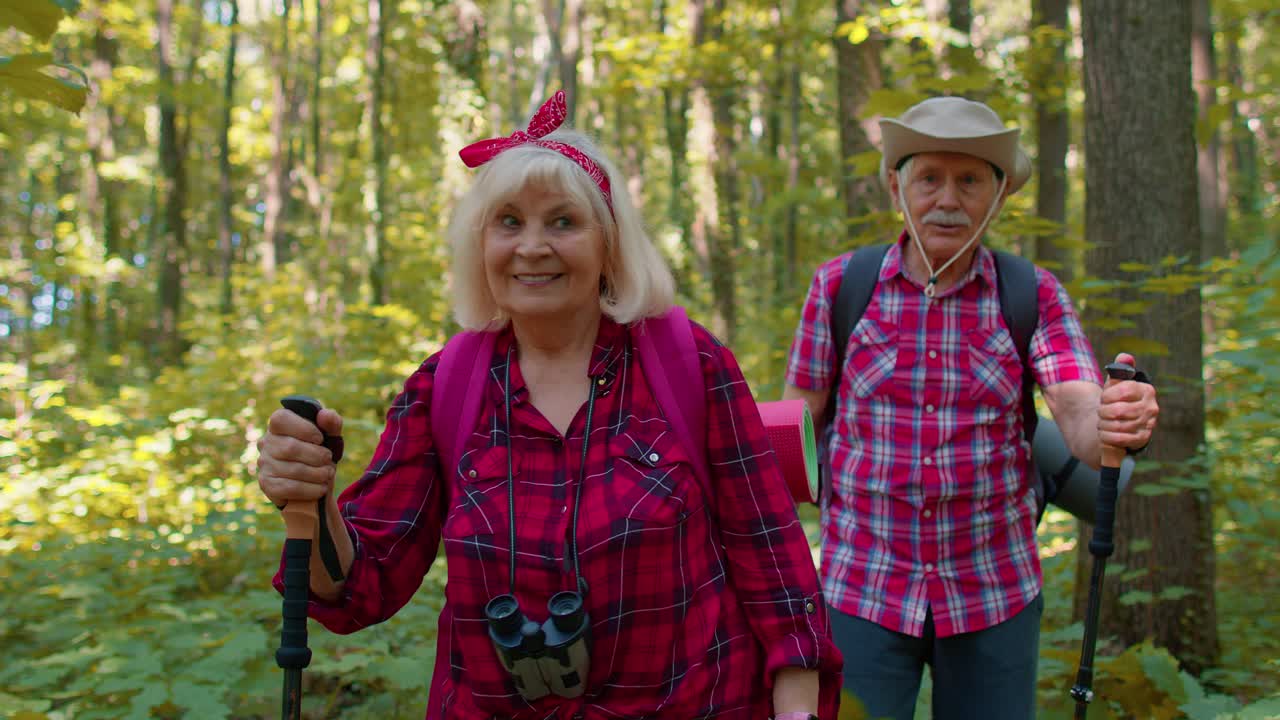 una pareja de ancianos haciendo senderismo en el bosque.