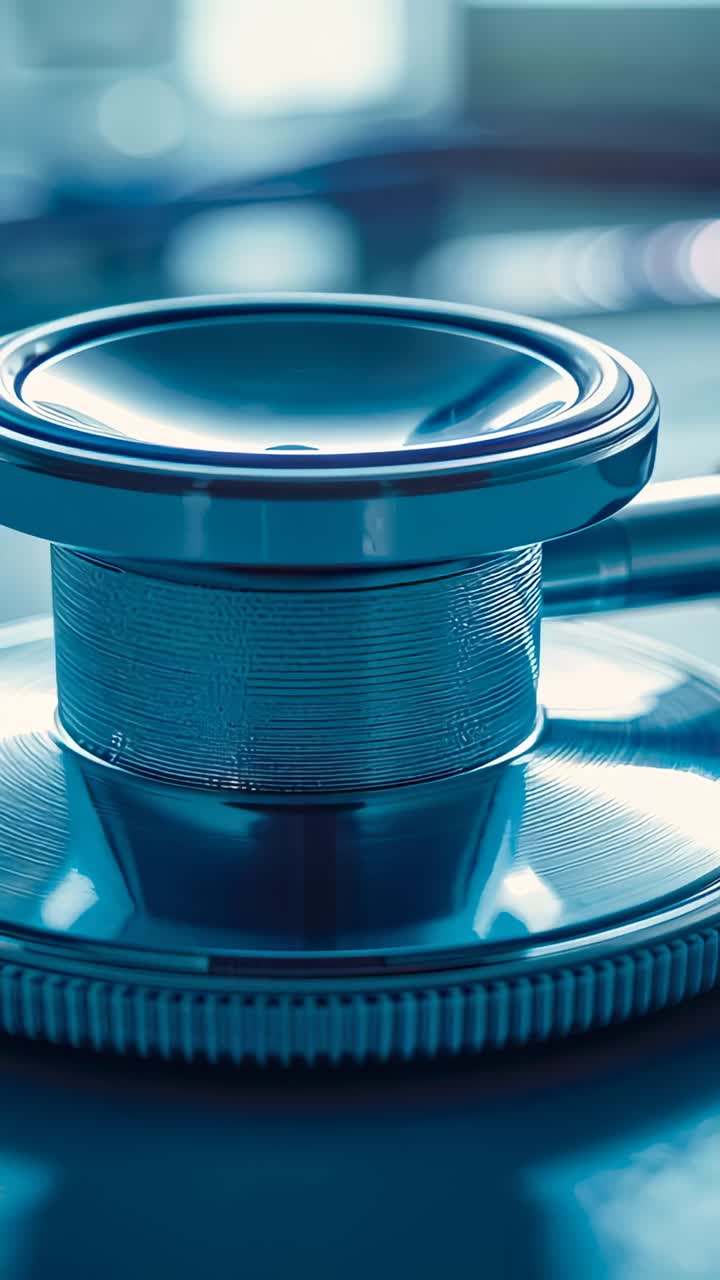 Vertical video: Panning camera revealing stethoscope chest on exam tray, showing diaphragm detail