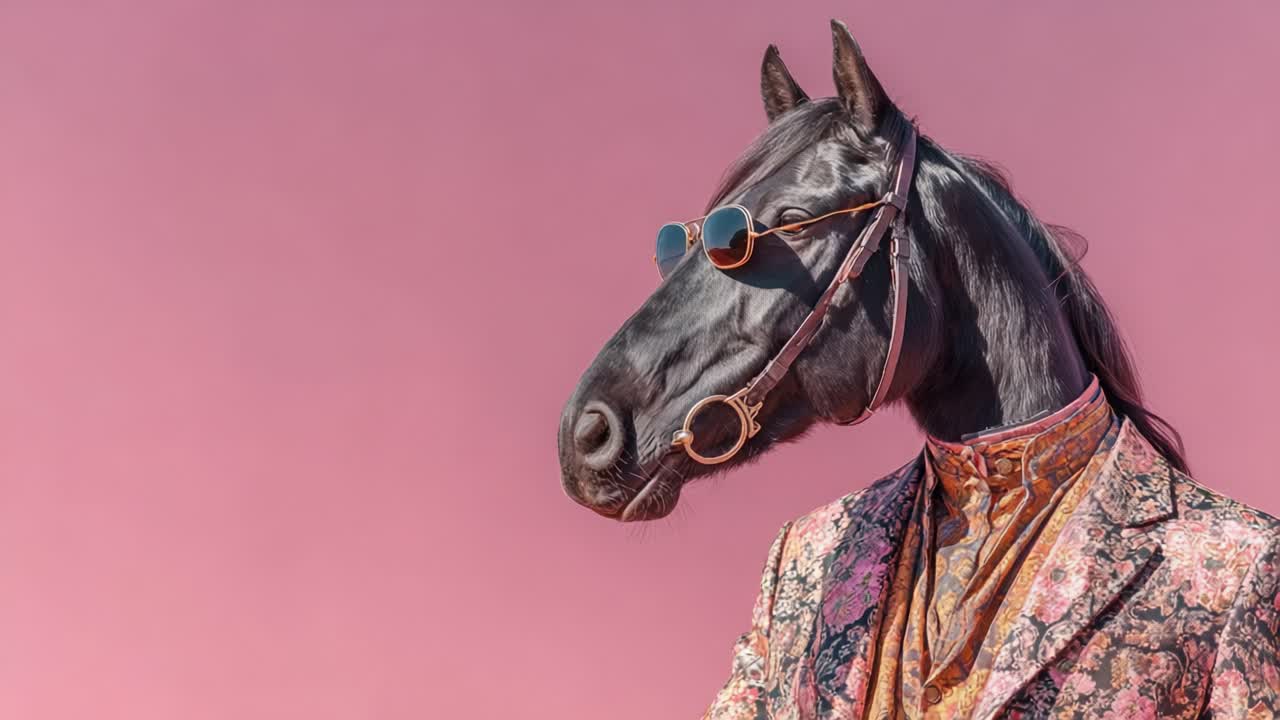 Um elegante cavalo preto vestido com um terno floral e óculos de sol contra um vibrante fundo rosa, exibindo uma fusão de moda e criatividade caprichosa