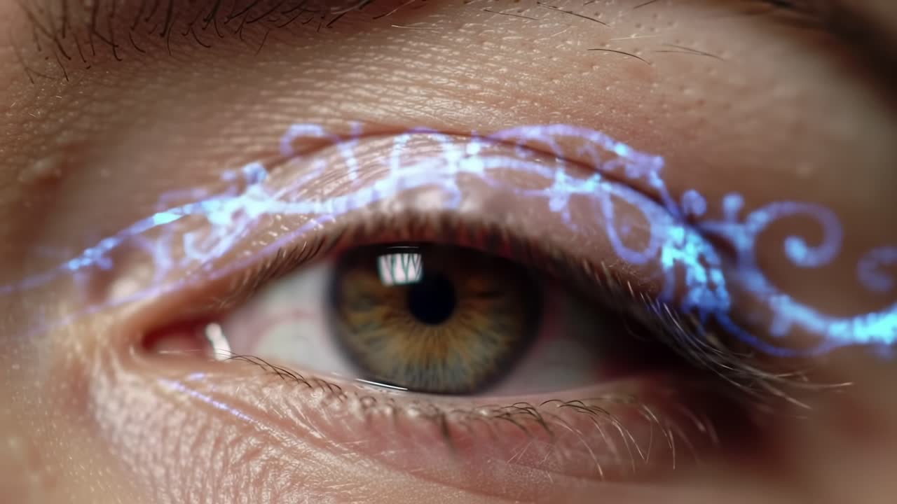 A Close-Up Exploration of Artistic Eye Makeup Featuring Intricate Light Patterns and Vivid Color Contrast, Perfect for Capturing the Beauty of Creative Expression