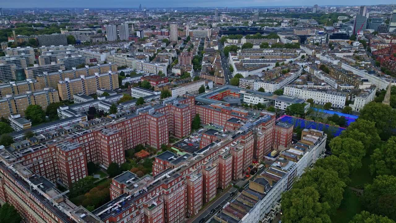 Dolphin Square near Thames River in Pimlico, Westminster, London. Aerial forward and cityscape